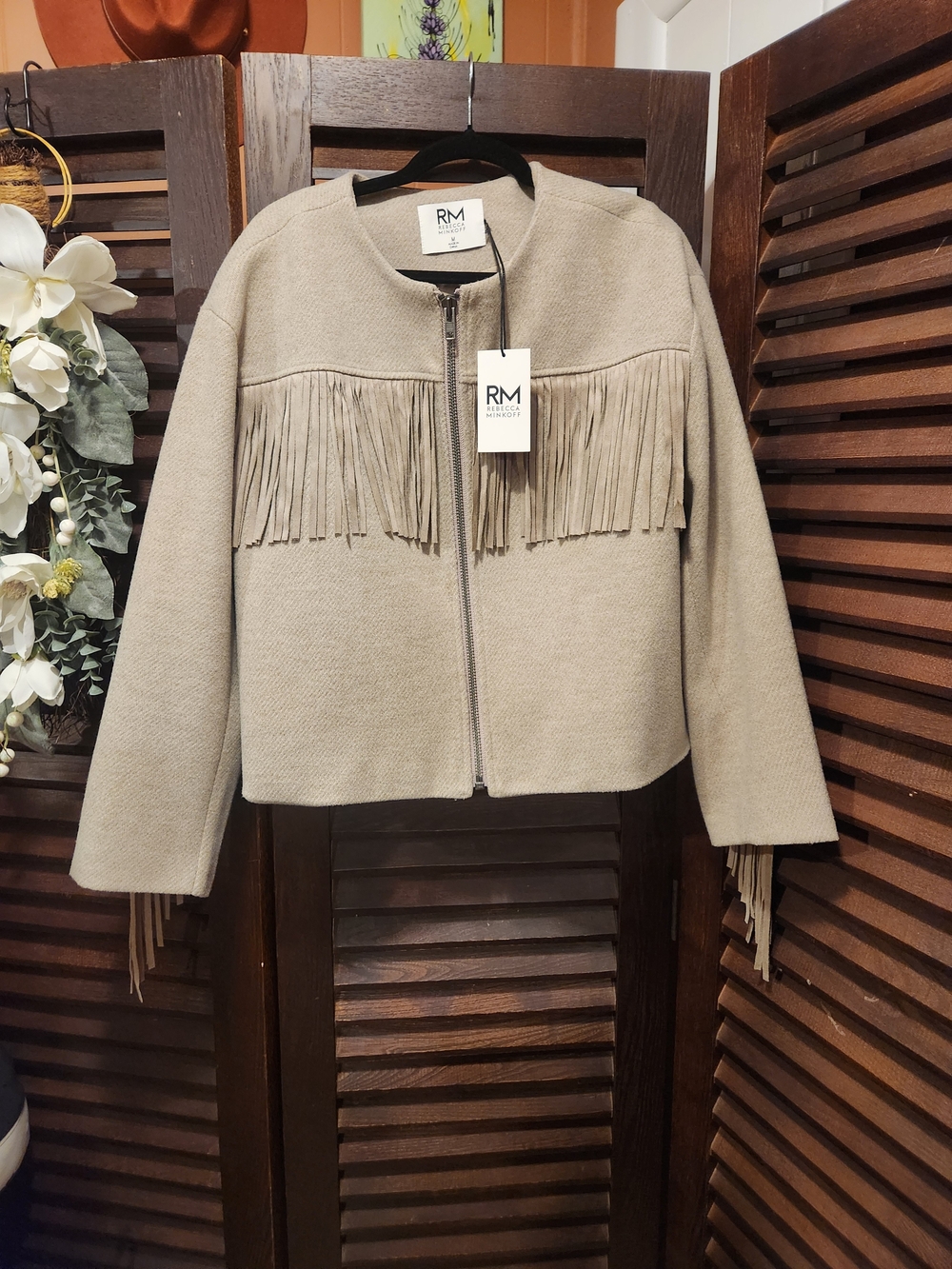 Rebecca Minkoff Taupe Fringe Zip Bomber Jacket